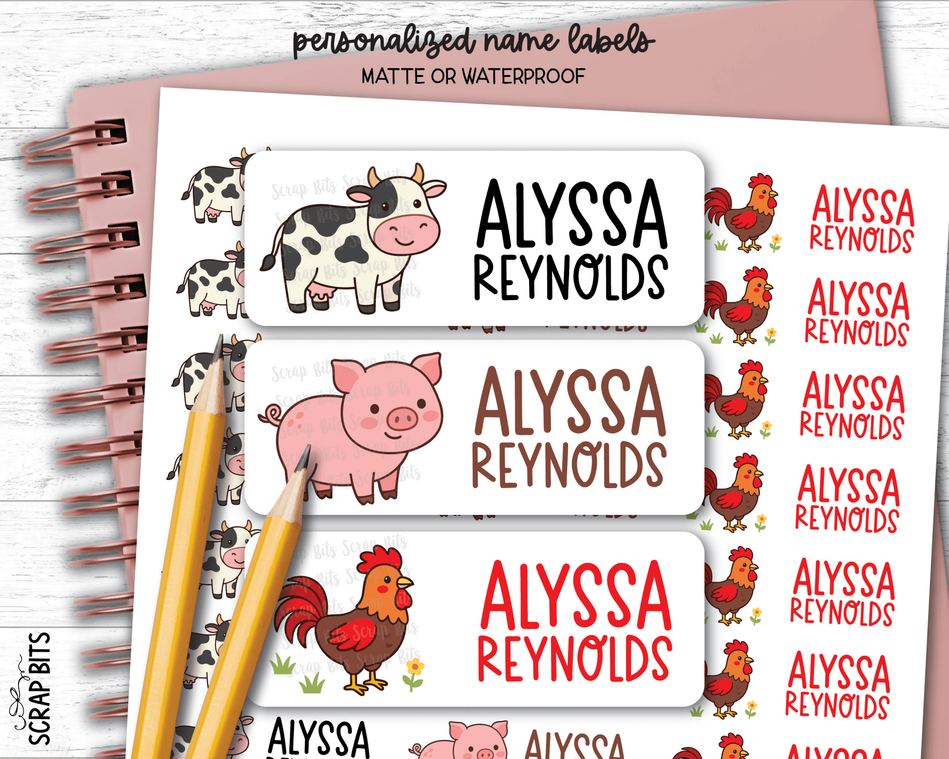 Farm Animals Name Labels . Cow Pig Rooster Personalized Belonging Labels - Scrap Bits