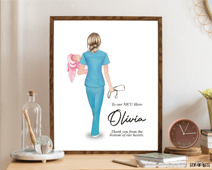 Female NICU Nurse Portrait, Custom Nurse Gift . Digital Portrait Print - Scrap Bits