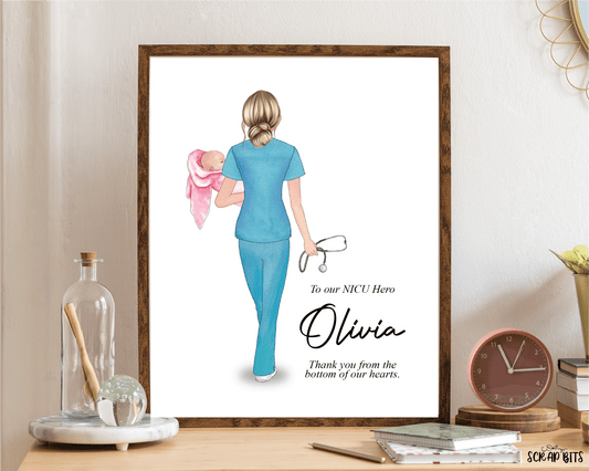 Female NICU Nurse Portrait, Custom Nurse Gift . Digital Portrait Print - Scrap Bits