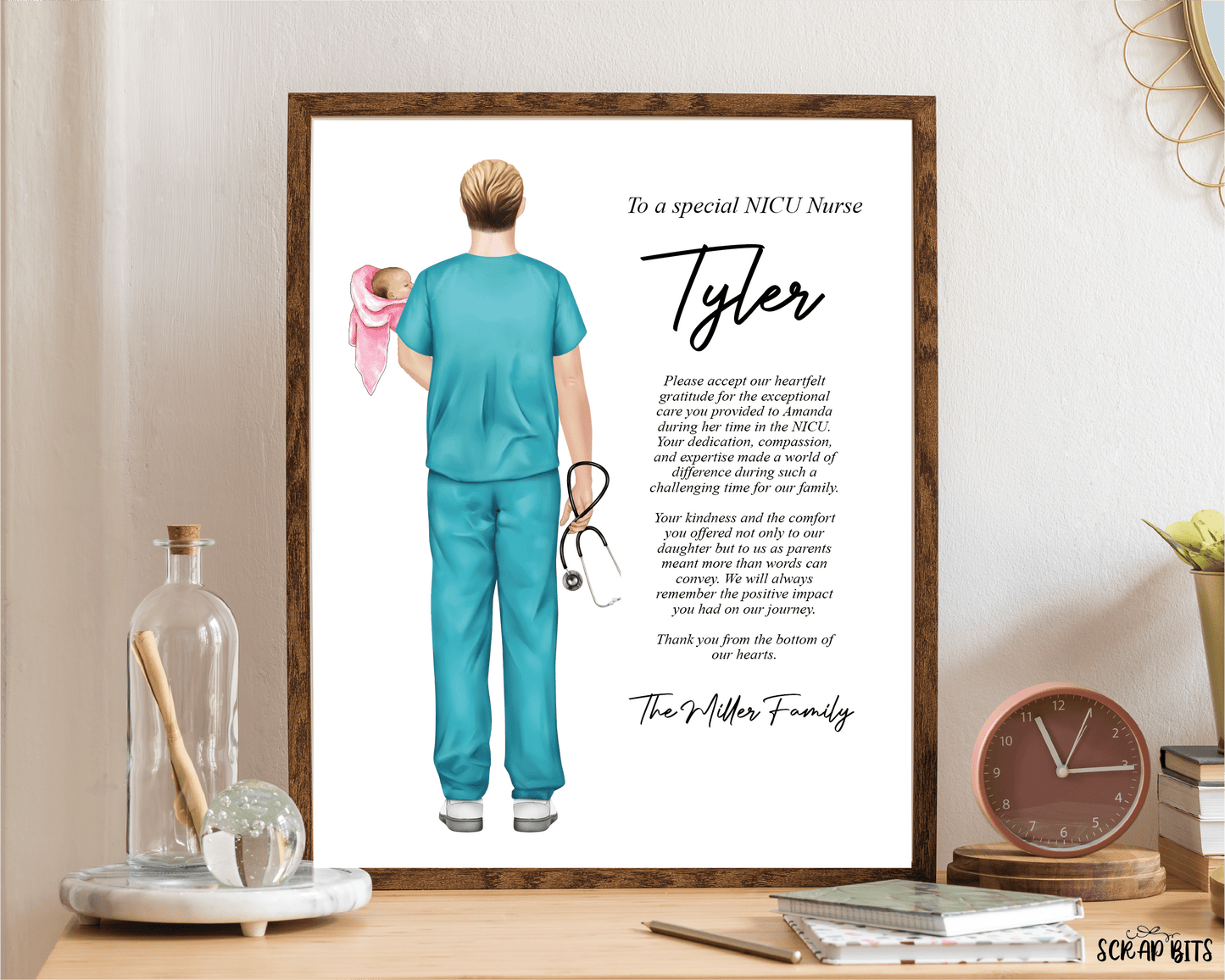 Female NICU Nurse Portrait, Custom Nurse Gift, Side Message . Digital Portrait Print - Scrap Bits