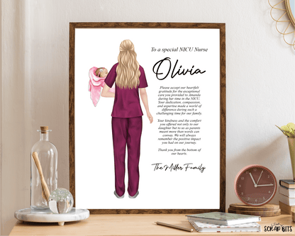 Female NICU Nurse Portrait, Custom Nurse Gift, Side Message . Digital Portrait Print - Scrap Bits