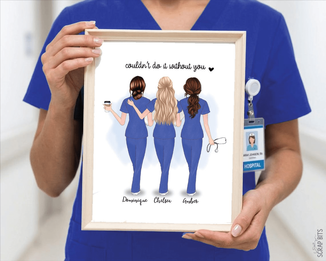 Female Nurse Friend Trio Digital Portrait, Custom Gift Illustration Print - Scrap Bits