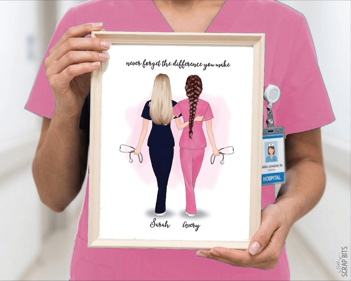 Female Nurse Friend Trio Digital Portrait, Custom Gift Illustration Print - Scrap Bits