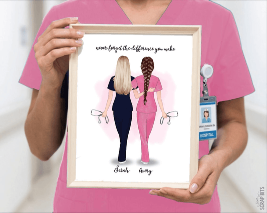 Female Nurse Friend Trio Digital Portrait, Custom Gift Illustration Print - Scrap Bits