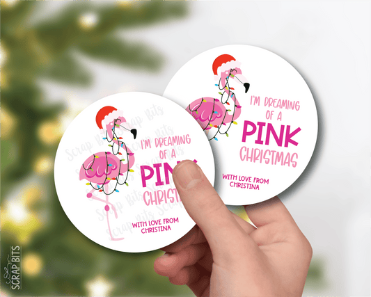 Flamingo in Lights, Dreaming of a Pink Christmas, Personalized Christmas Gift Stickers or Tags - Scrap Bits