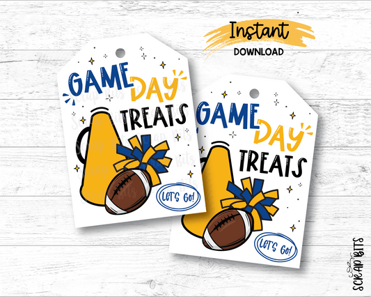 Football Game Day Tags, Blue & Gold, Printable Football Megaphone Pom Gift Tags, Instant Download - Scrap Bits