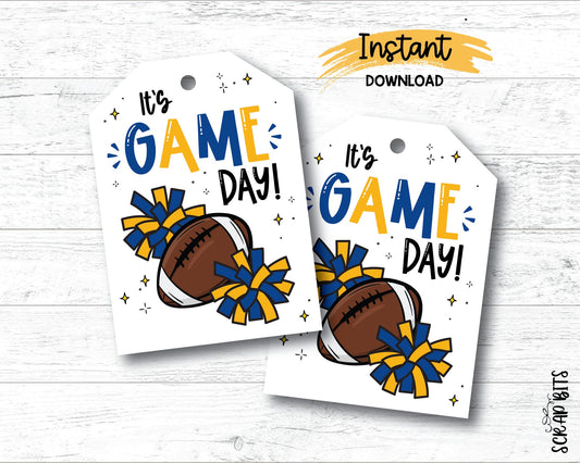Football Game Day Tags, Blue & Gold, Printable Football Pom Poms Gift Tags, Instant Download - Scrap Bits
