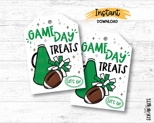 Football Game Day Tags, Green Printable Football Megaphone Pom Gift Tags, Instant Download - Scrap Bits