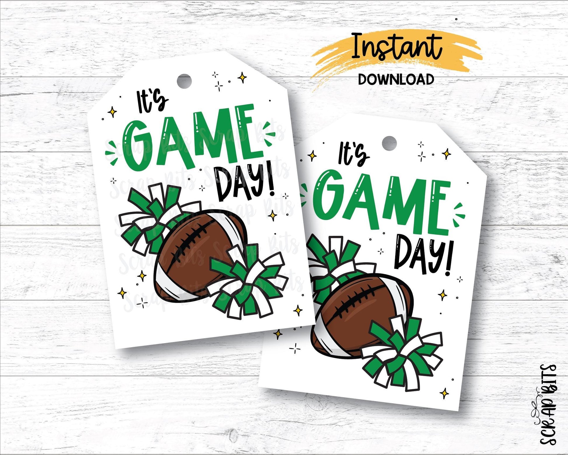 Football Game Day Tags, Green & White, Printable Football Pom Poms Gift Tags, Instant Download - Scrap Bits