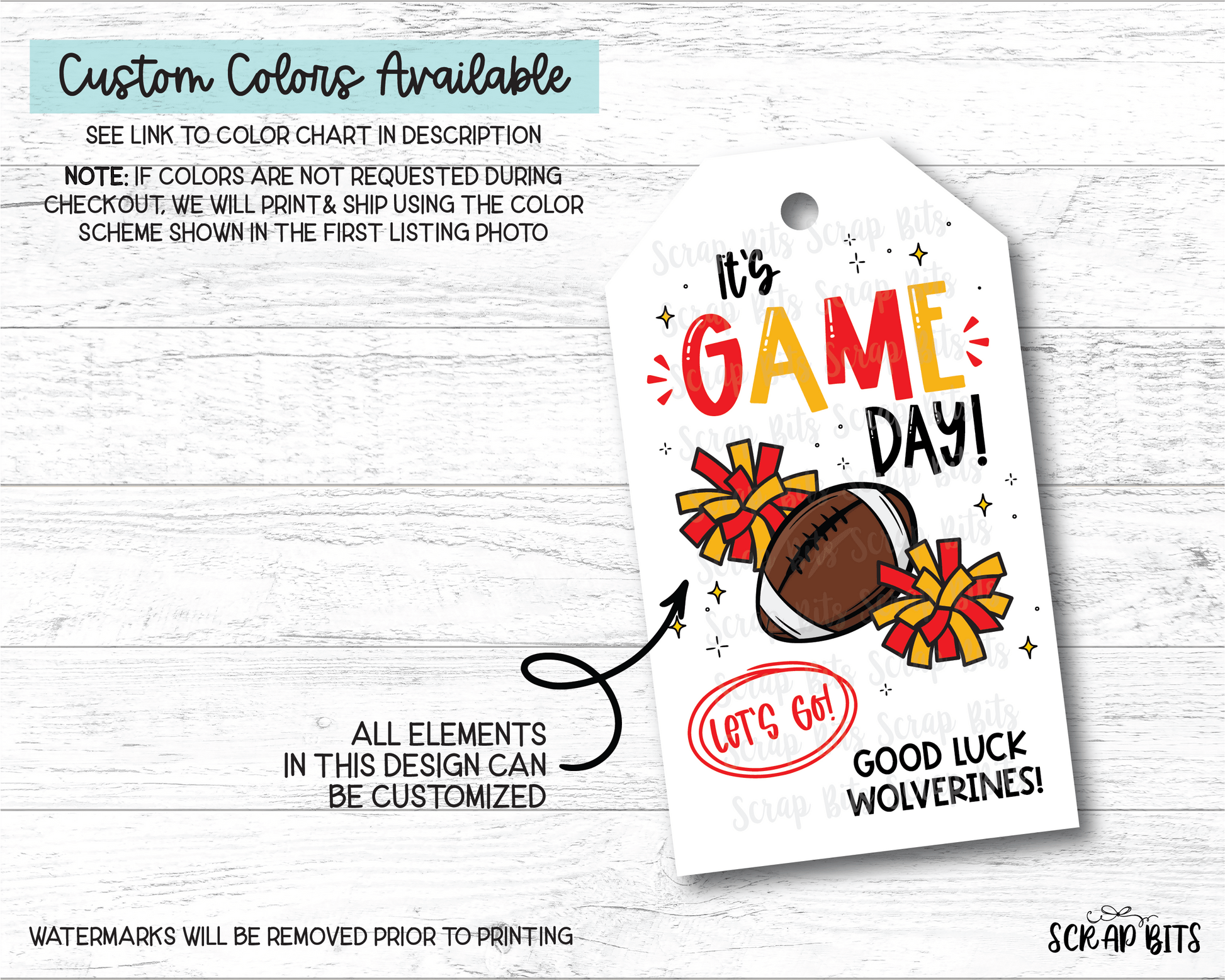 Football Game Day Tags, Let's Go Pom Poms, Good Luck Treat Bag Tags - Scrap Bits