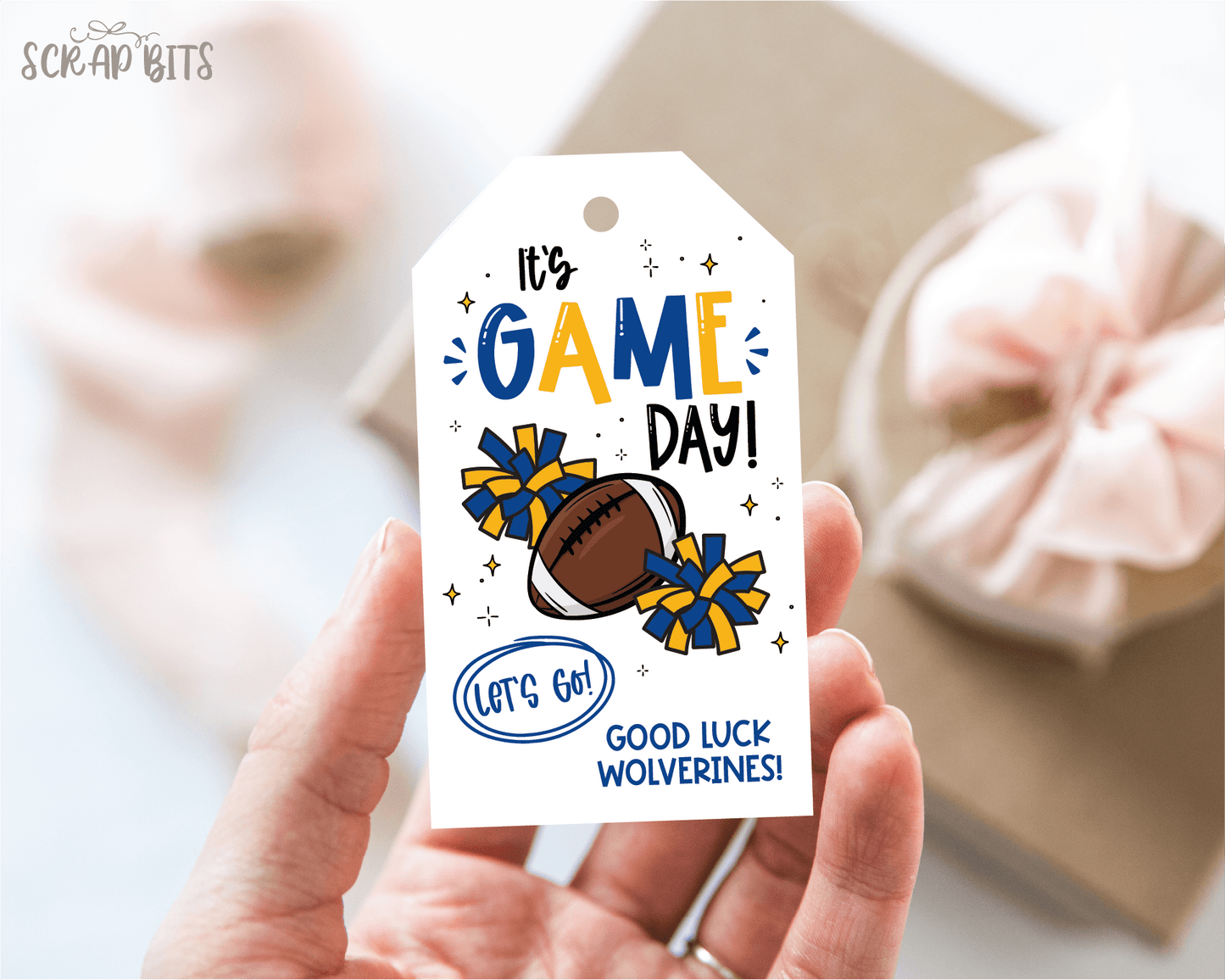 Football Game Day Tags, Let's Go Pom Poms, Good Luck Treat Bag Tags - Scrap Bits