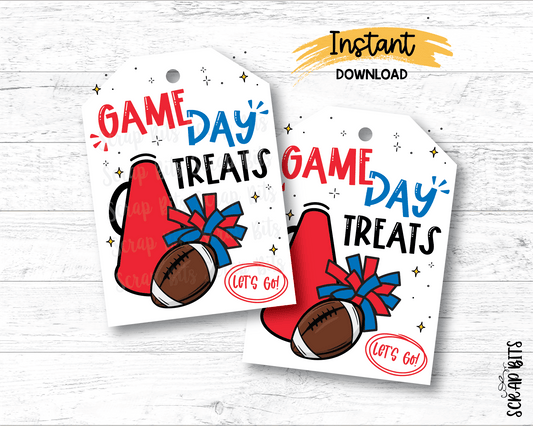 Football Game Day Tags, Red + Blue, Printable Football Megaphone Pom Gift Tags, Instant Download (Copy) - Scrap Bits