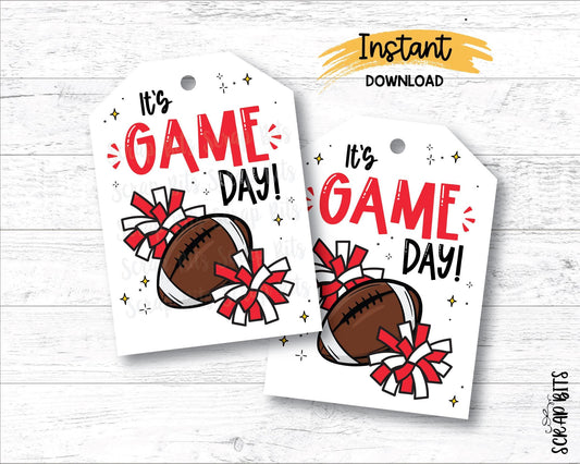 Football Game Day Tags, Red & White, Printable Football Pom Poms Gift Tags, Instant Download - Scrap Bits