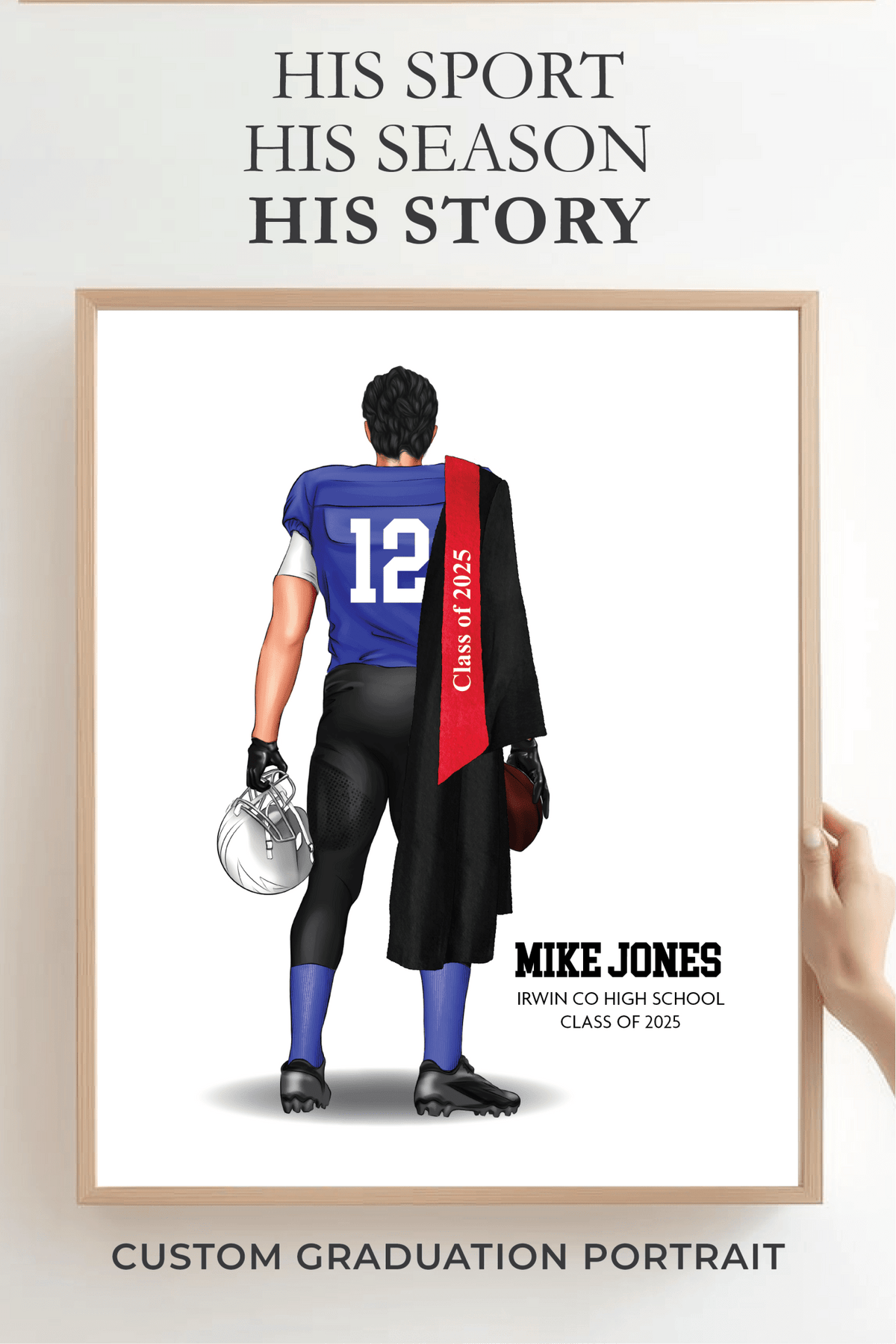 Football Graduation Portrait Print, Custom Digital Drawing - Scrap Bits