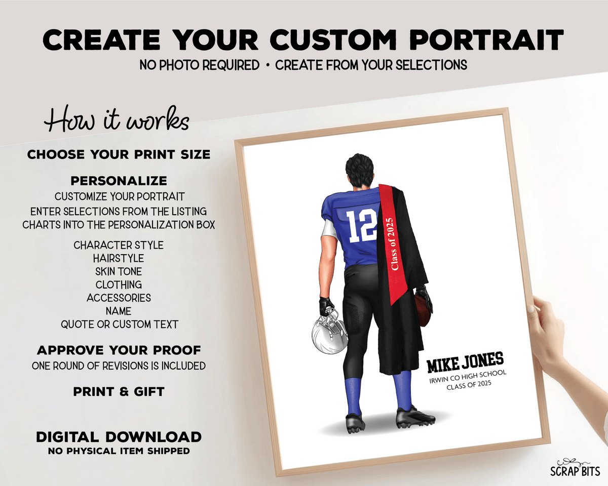 Football Graduation Portrait Print, Custom Digital Drawing - Scrap Bits