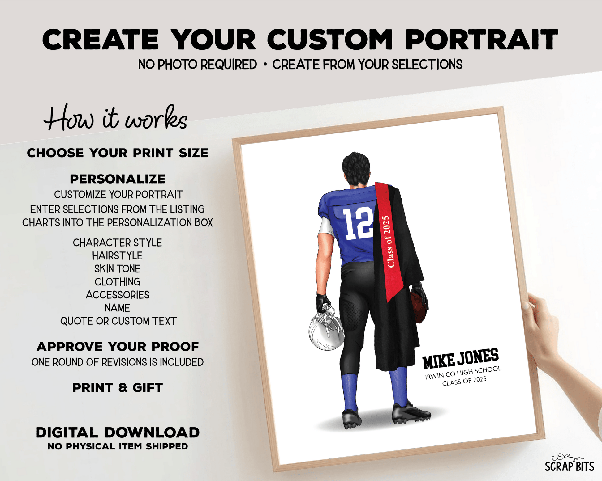 Football Graduation Portrait Print, Custom Digital Drawing - Scrap Bits