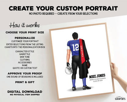 Football Graduation Portrait Print, Custom Digital Drawing - Scrap Bits