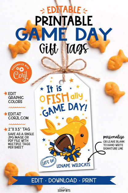 Football + Poms, Printable Game Day Gift Tags, Personalized Editable Template - Scrap Bits