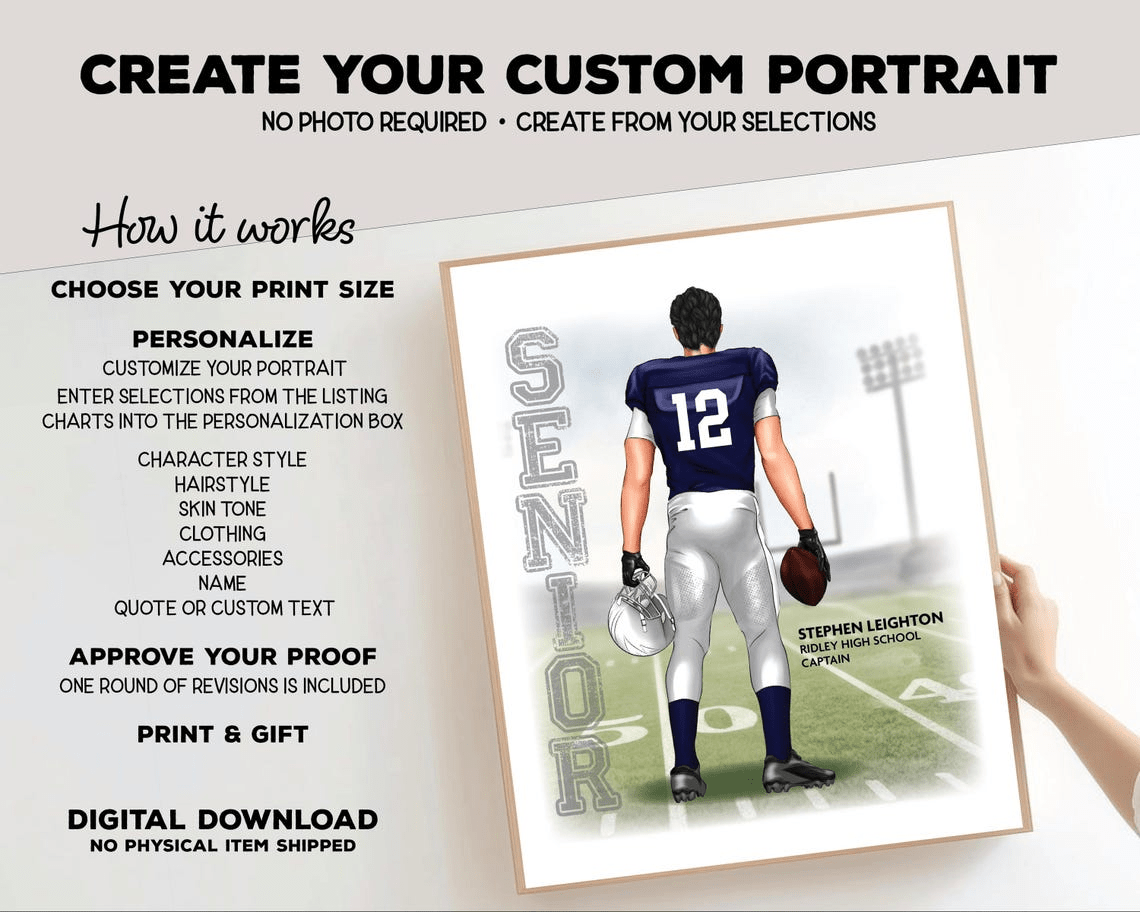 Football Senior Season Portrait Print, Custom Digital Drawing - Scrap Bits
