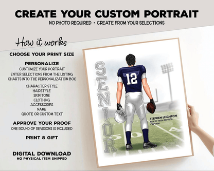 Football Senior Season Portrait Print, Custom Digital Drawing - Scrap Bits