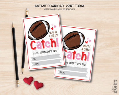 Football Valentines, You're A Great Catch, Printable Classroom Exchange Cards, Instant Download - Scrap Bits