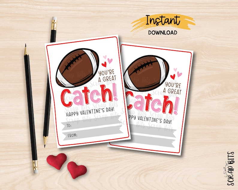 Football Valentines, You're A Great Catch, Printable Classroom Exchange Cards, Instant Download - Scrap Bits