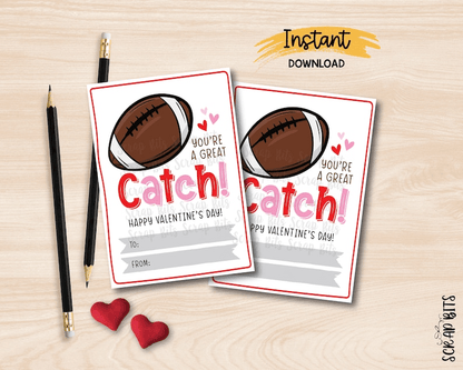 Football Valentines, You're A Great Catch, Printable Classroom Exchange Cards, Instant Download - Scrap Bits