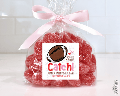 Football Valentines, You're A Great Catch Valentine Treat Bag Stickers - Scrap Bits