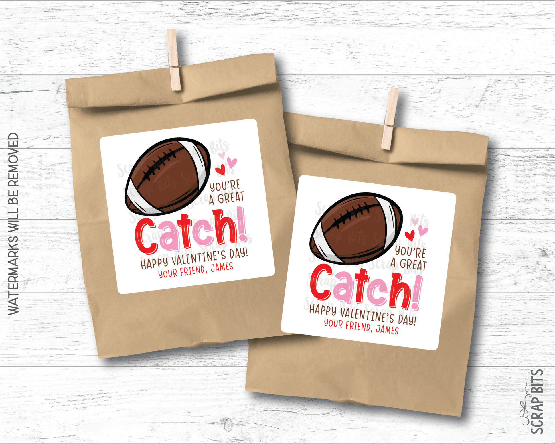 Football Valentines, You're A Great Catch Valentine Treat Bag Stickers - Scrap Bits
