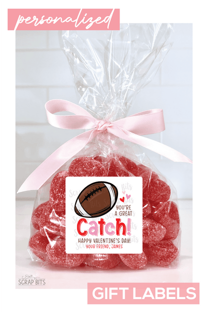 Football Valentines, You're A Great Catch Valentine Treat Bag Stickers - Scrap Bits