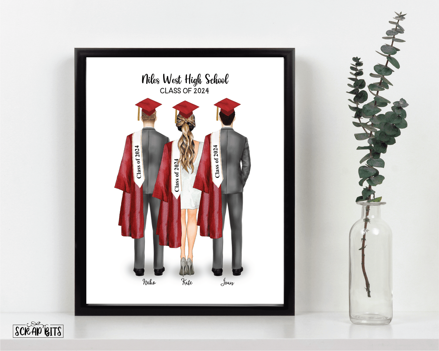 Friend Group Graduation Print, Full Body Graduate, Custom Graduation Gift . Personalized Digital Portrait Print - Scrap Bits