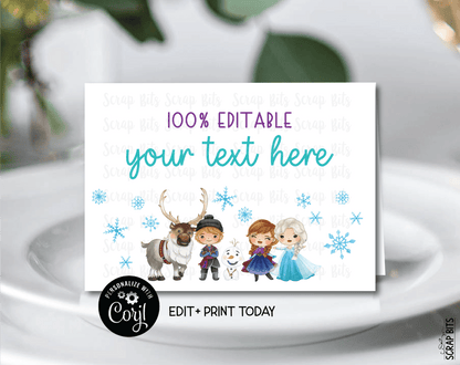 Frozen Friends Food Tent Cards, Printable Buffet Labels or Place Cards, Editable Template - Scrap Bits