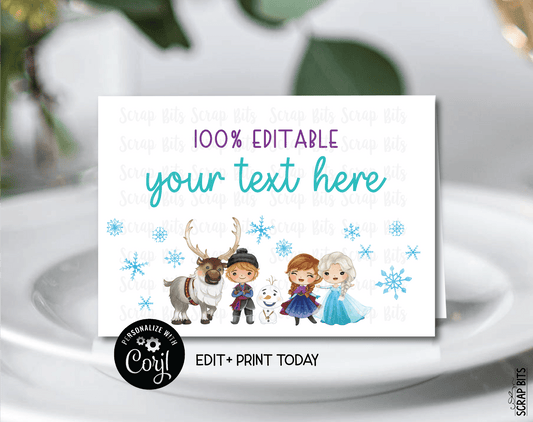 Frozen Friends Food Tent Cards, Printable Buffet Labels or Place Cards, Editable Template - Scrap Bits