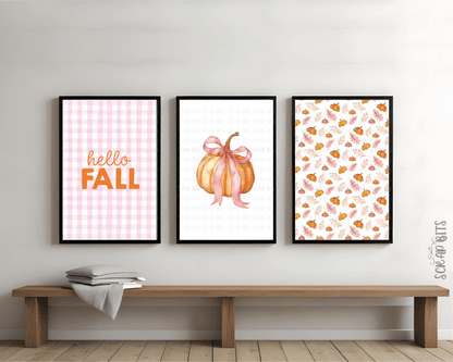 Gallery Wall Set, Hello Fall Pink Gingham Bow Pumpkin, Leaves, Coquette . Instant Download, 5 Print Sizes - Scrap Bits
