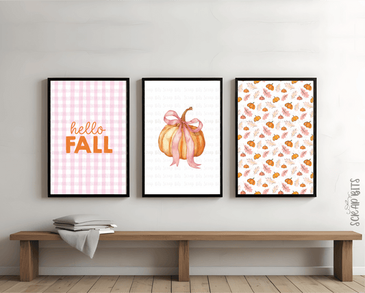 Gallery Wall Set, Hello Fall Pink Gingham Bow Pumpkin, Leaves, Coquette . Instant Download, 5 Print Sizes - Scrap Bits