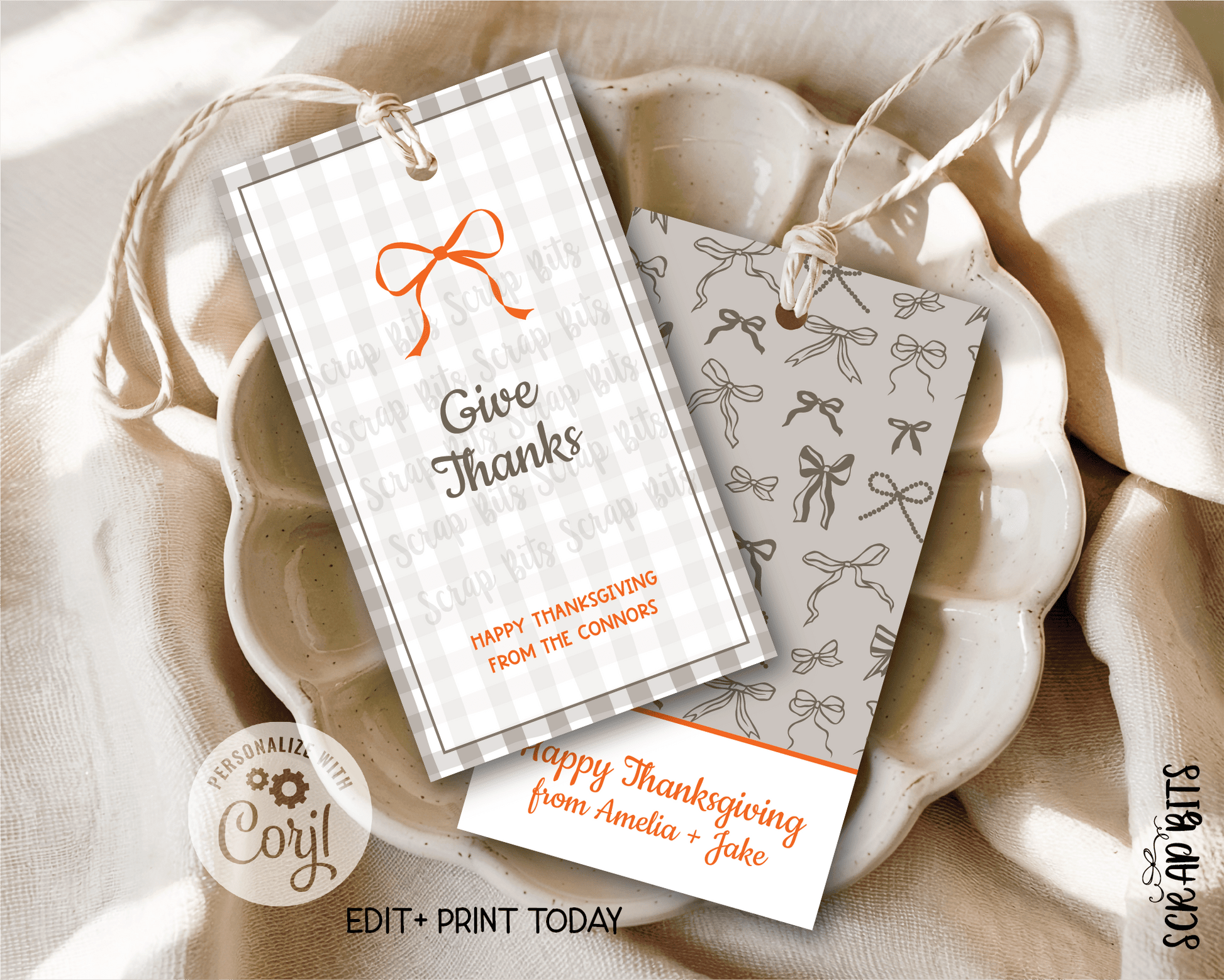 Gingham + Bows Give Thanks, Printable Thanksgiving Favor Tag Set, Instant Download Editable Template - Scrap Bits