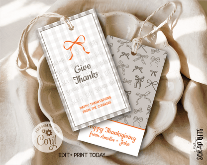 Gingham + Bows Give Thanks, Printable Thanksgiving Favor Tag Set, Instant Download Editable Template - Scrap Bits
