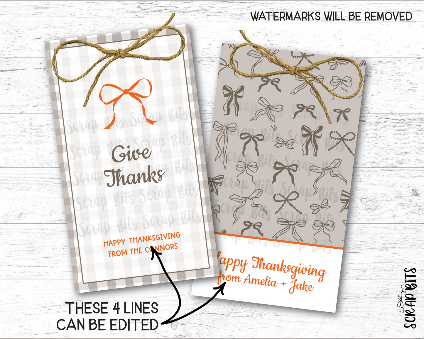Gingham + Bows Give Thanks, Printable Thanksgiving Favor Tag Set, Instant Download Editable Template - Scrap Bits