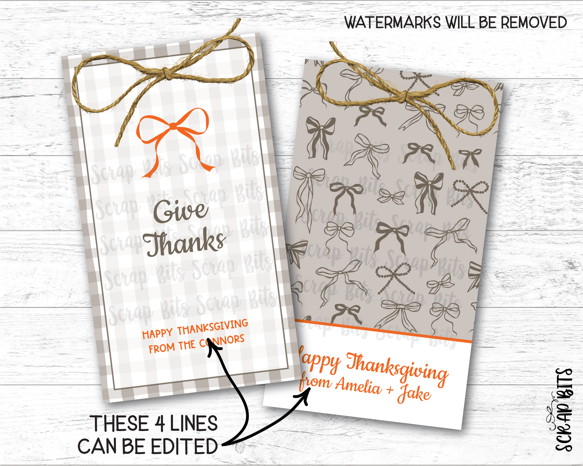 Gingham + Bows Give Thanks, Printable Thanksgiving Favor Tag Set, Instant Download Editable Template - Scrap Bits