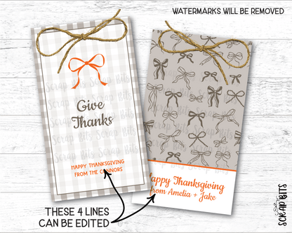 Gingham + Bows Give Thanks, Printable Thanksgiving Favor Tag Set, Instant Download Editable Template - Scrap Bits