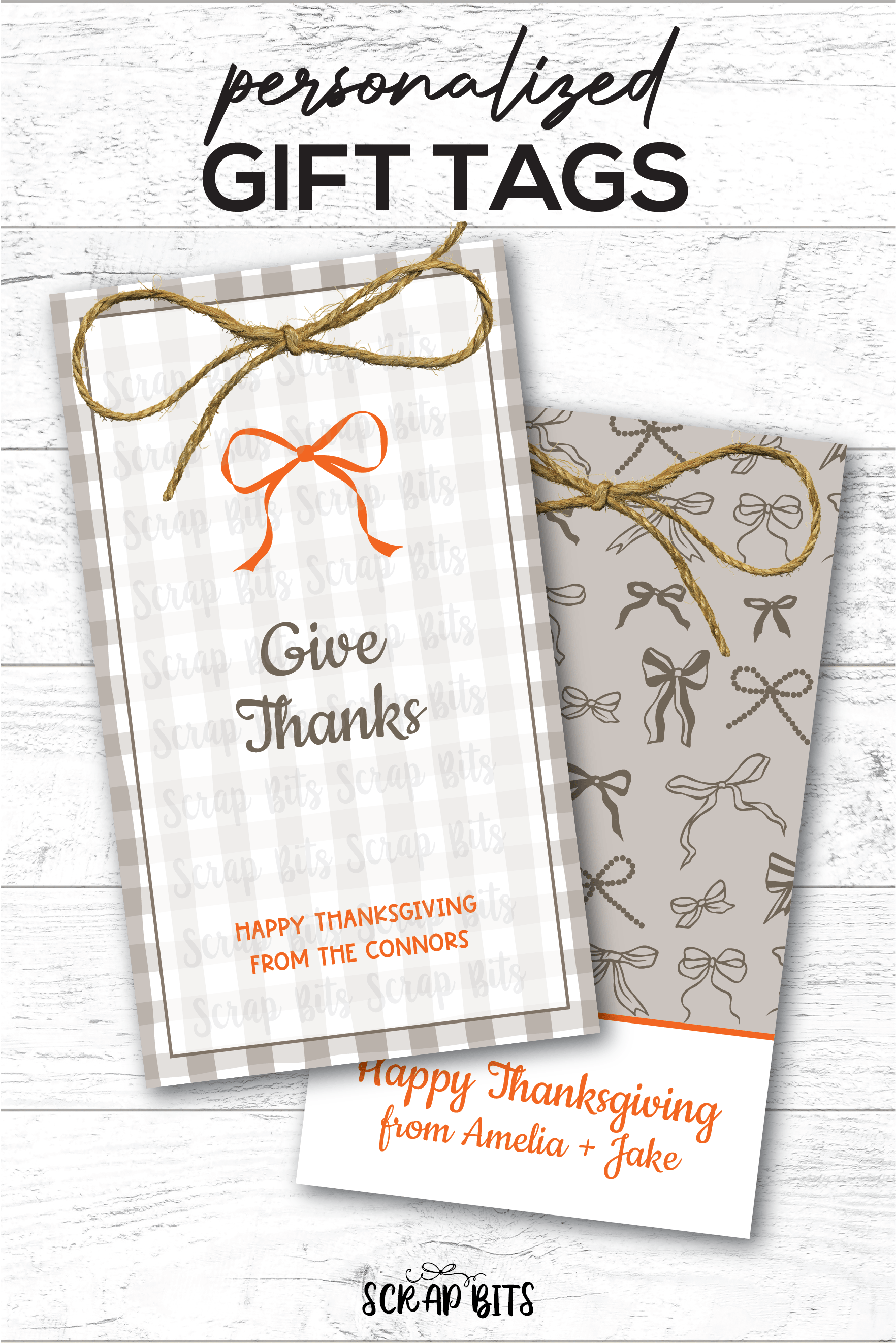 Gingham + Bows Give Thanks, Printable Thanksgiving Favor Tag Set, Instant Download Editable Template - Scrap Bits