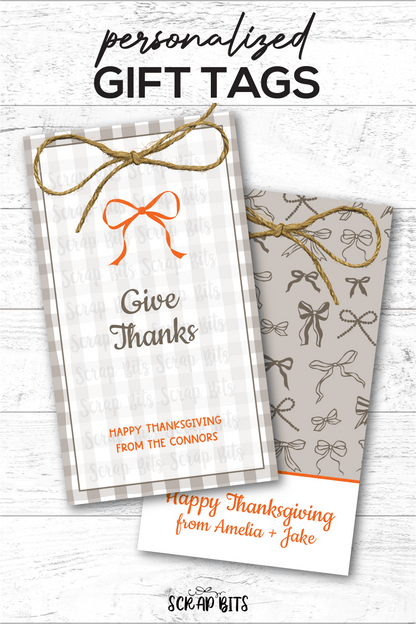 Gingham + Bows Give Thanks, Printable Thanksgiving Favor Tag Set, Instant Download Editable Template - Scrap Bits