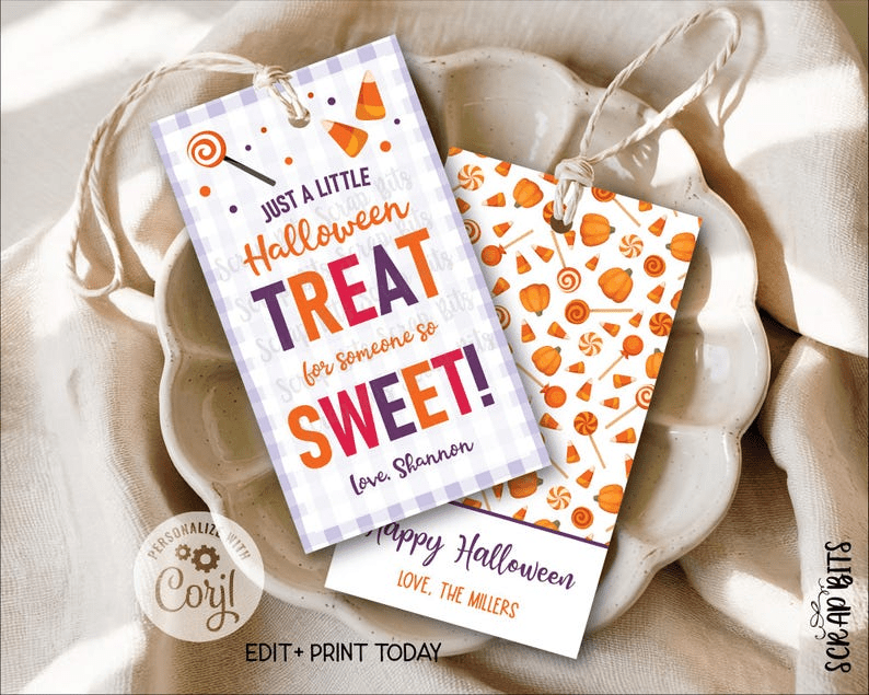 Gingham Little Treat For Someone Sweet, Printable Halloween Gift Tag Set, Instant Download Editable Template - Scrap Bits