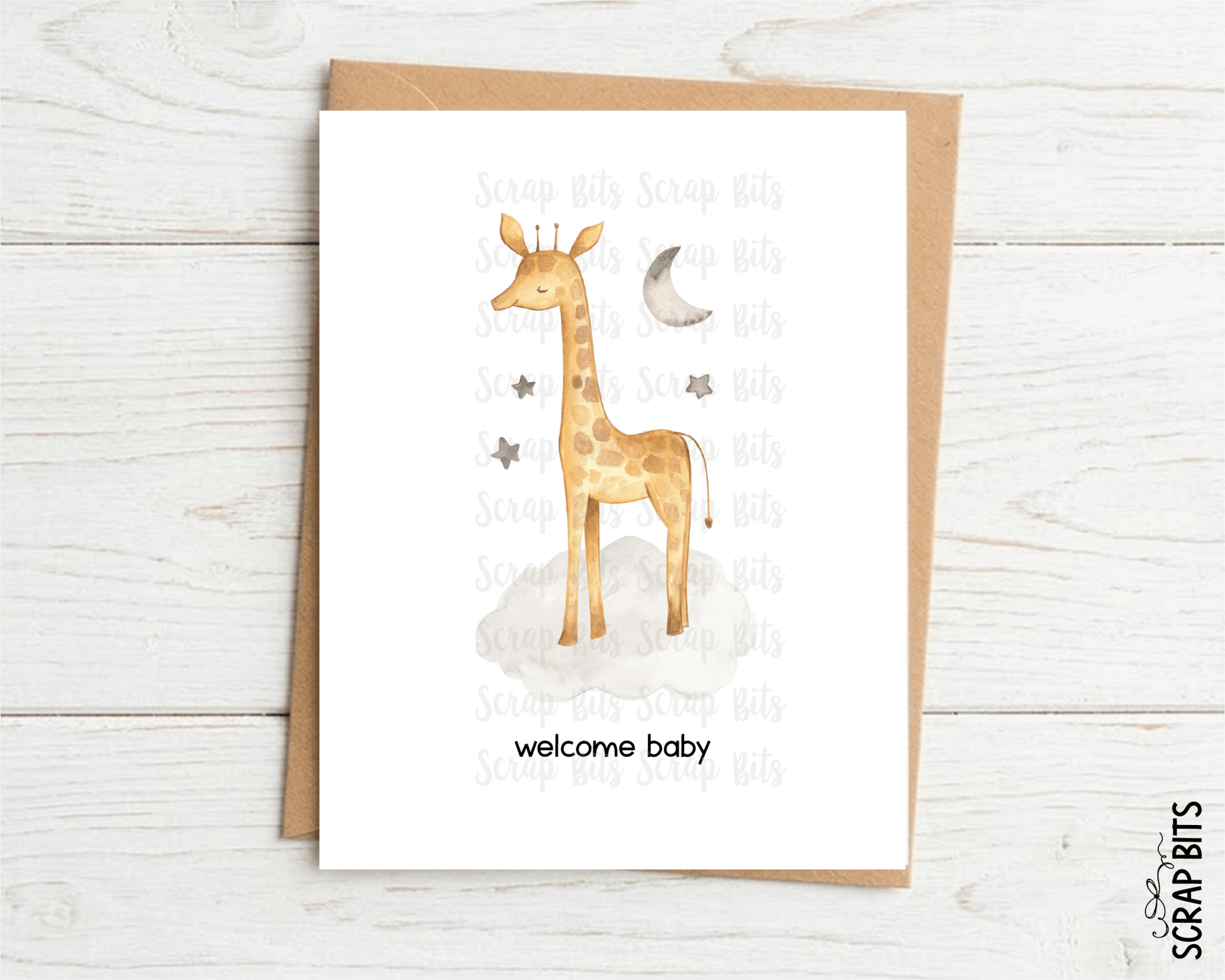 Giraffe New Baby Card, Welcome Baby Watercolor Safari Baby Shower Card - Scrap Bits
