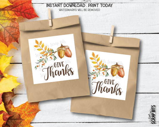 Give Thanks, Watercolor Acorn Laurel Printable Thanksgiving Tags, Instant Download - Scrap Bits