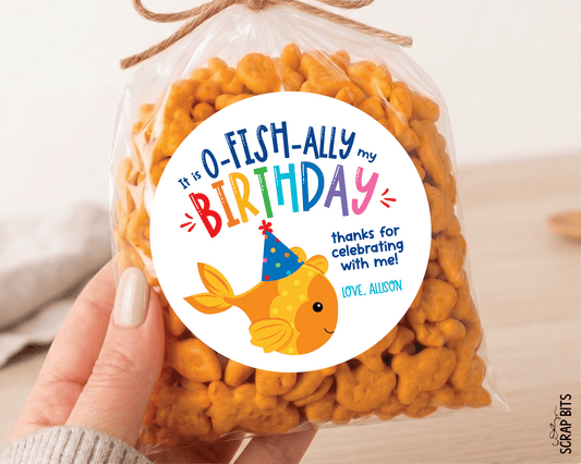 Goldfish Birthday Favor Labels, It's O-Fish-Ally My Birthday Rainbow, Personalized Stickers or Tags - Scrap Bits