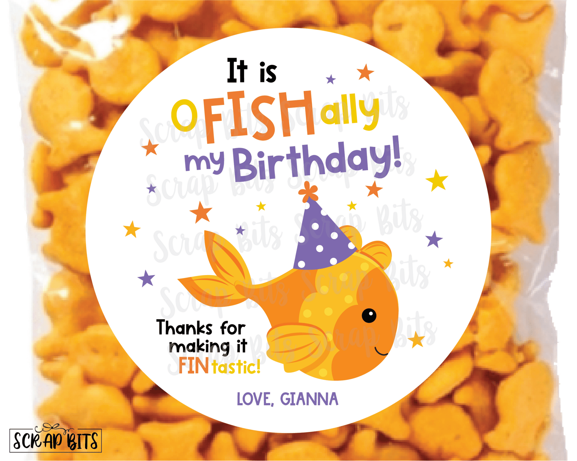 Goldfish Birthday Favor Labels, O-Fish-Ally My Birthday Party Hat, Personalized Stickers or Tags - Scrap Bits