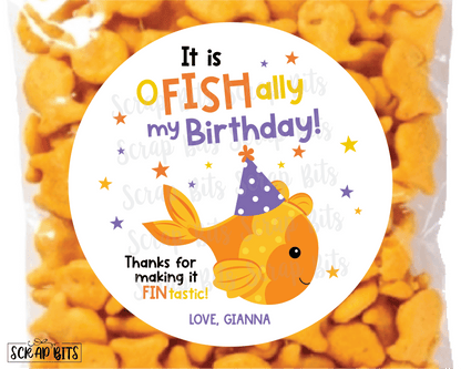 Goldfish Birthday Favor Labels, O-Fish-Ally My Birthday Party Hat, Personalized Stickers or Tags - Scrap Bits