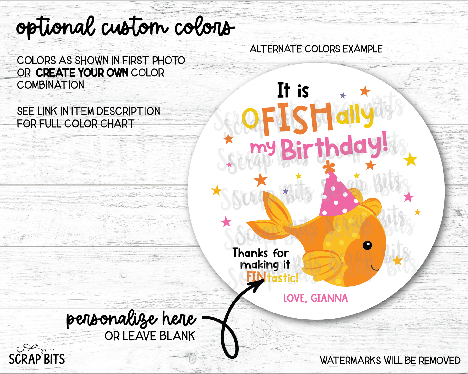 Goldfish Birthday Favor Labels, O-Fish-Ally My Birthday Party Hat, Personalized Stickers or Tags - Scrap Bits