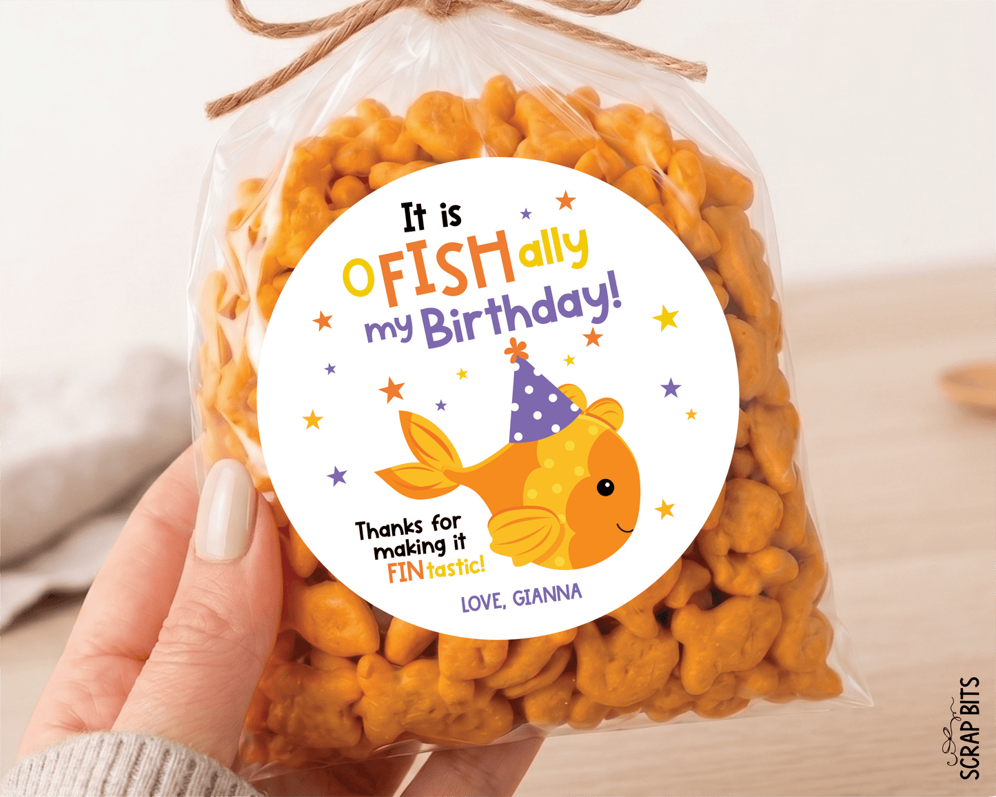 Goldfish Birthday Favor Labels, O-Fish-Ally My Birthday Party Hat, Personalized Stickers or Tags - Scrap Bits